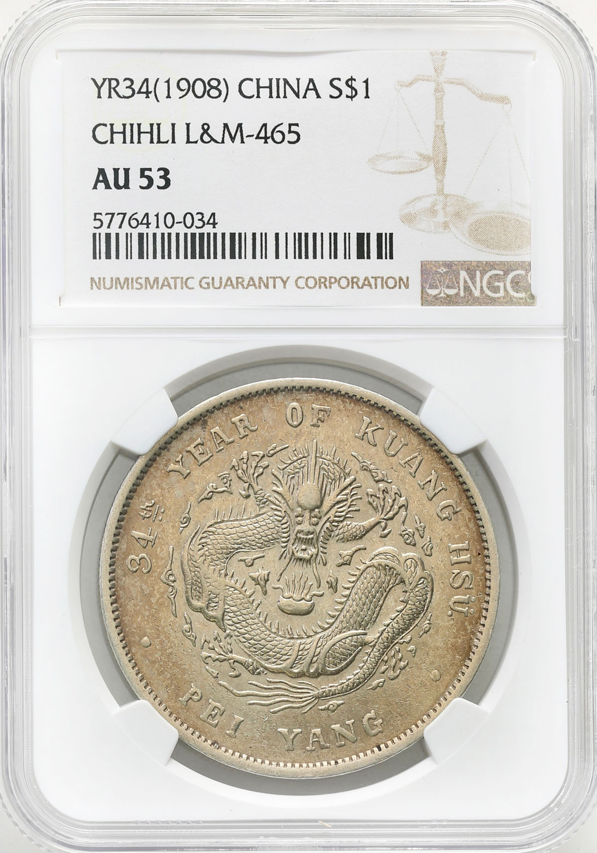 Chiny, Chihli. Dolar Yr. 34 (1908) NGC AU53 - RZADKOŚĆ